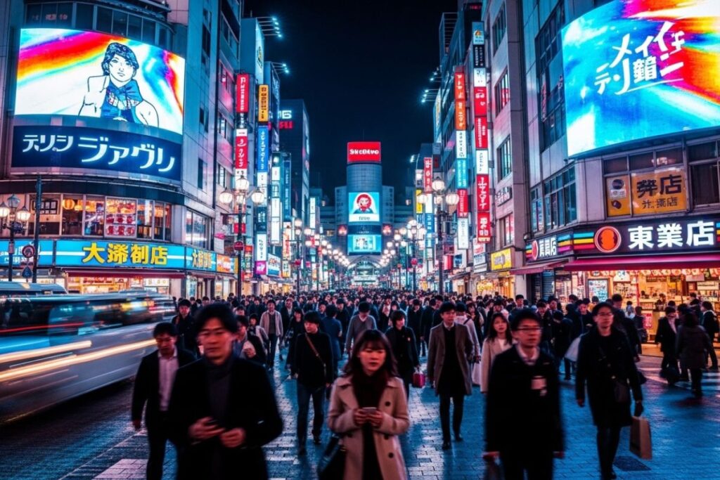 Crowded Tokyo nightlife street with colorful neon billboards and busy pedestrian traffic