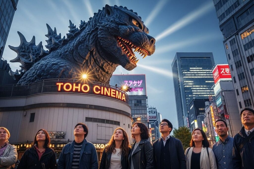Famous Godzilla head statue in Shinjuku Tokyo with city buildings and tourists around