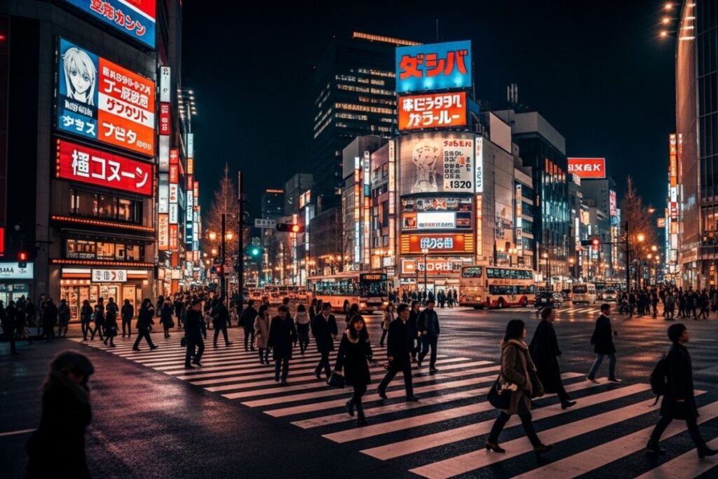 Tokyo night city street with neon lights, shops, and people walking in a lively atmosphere