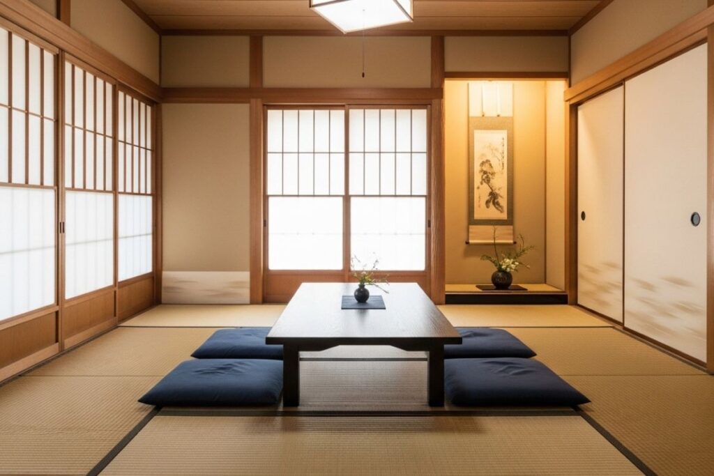 Traditional Japanese tatami room with shoji doors, low table, and floor cushions in a peaceful ryokan setting
