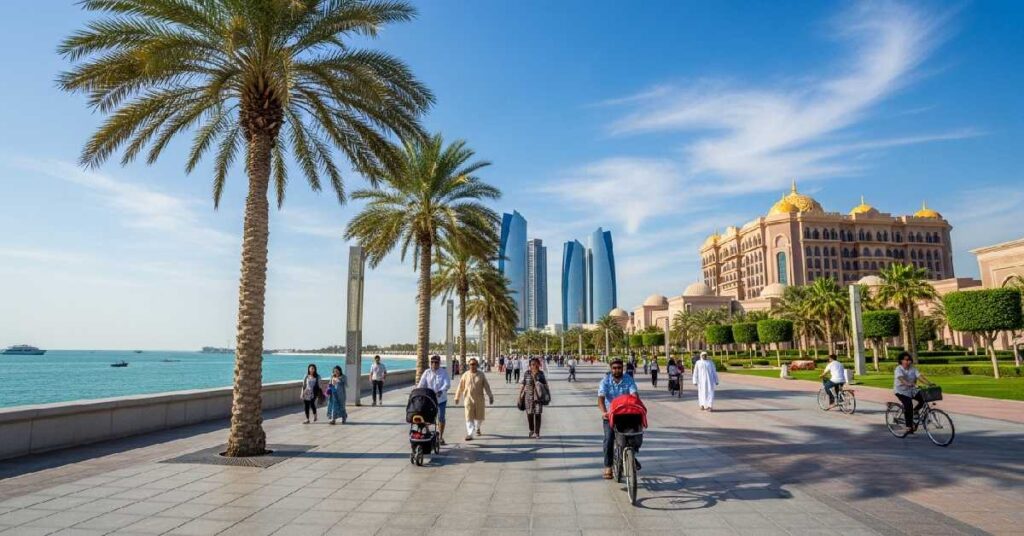 Corniche waterfront in Abu Dhabi with Emirates Palace view