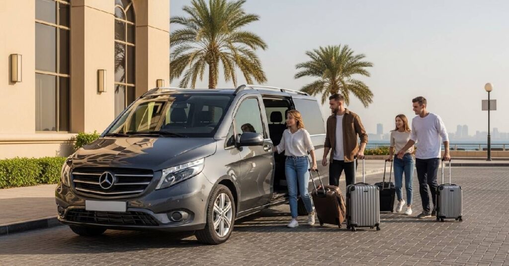 Private Mercedes van for Abu Dhabi tour from Dubai with family