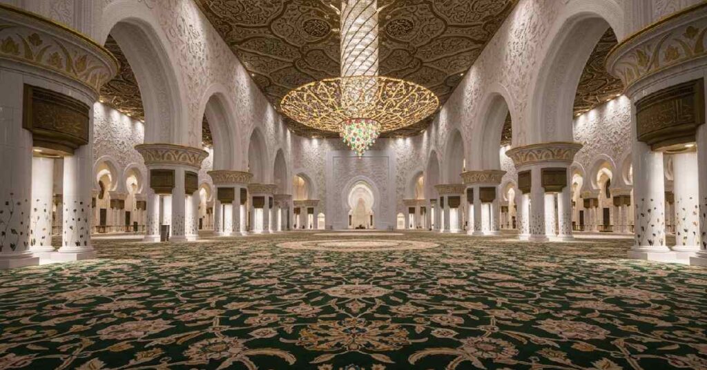 Inside Sheikh Zayed Grand Mosque Abu Dhabi massive crystal chandelier and carpet