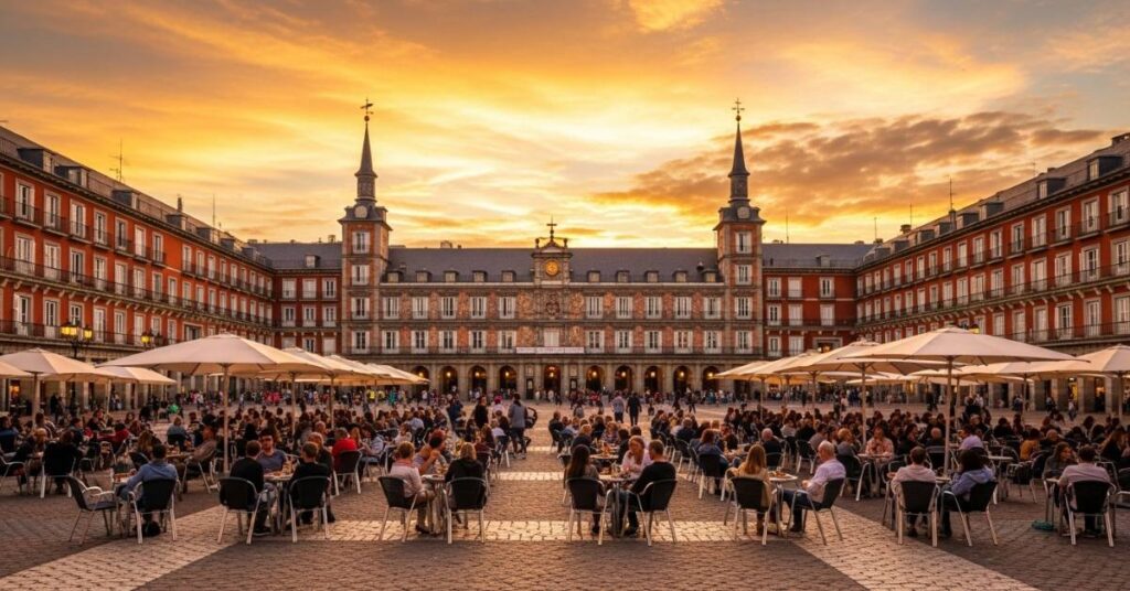 unset at Plaza Mayor Madrid – perfect end to a first time visit