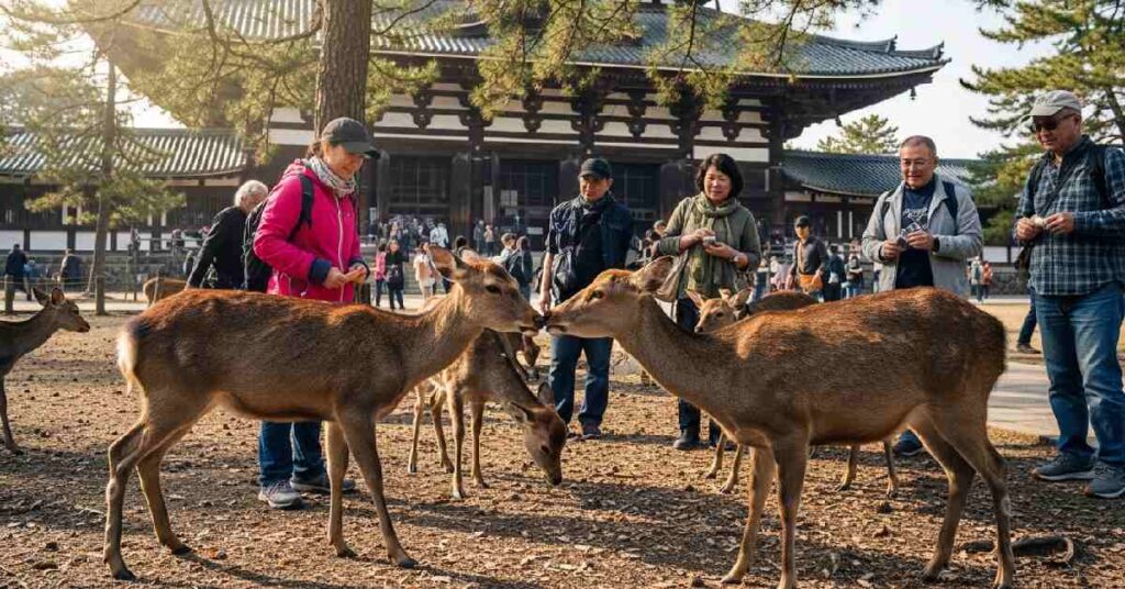 Nara deer park tourists feeding deer Japan