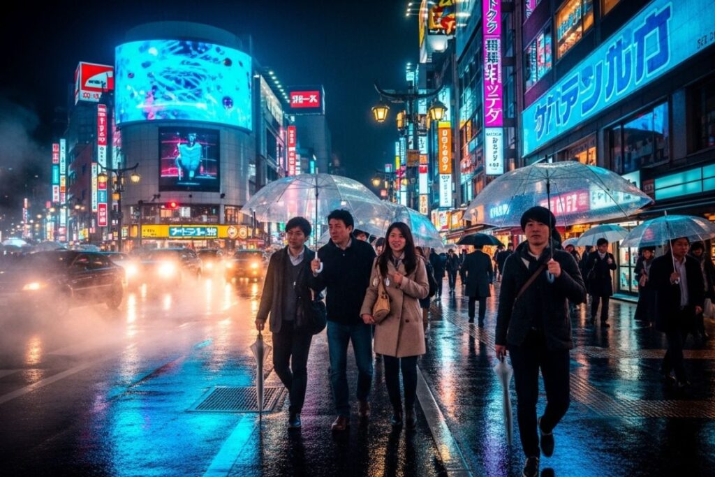 Crowded Tokyo street at night with bright neon signs and people walking in Shinjuku district