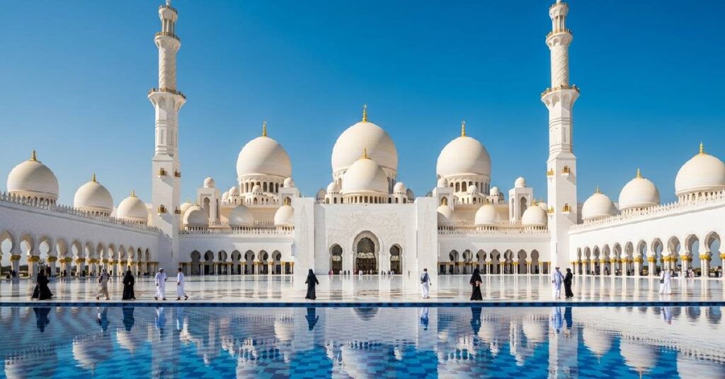 Sheikh Zayed Grand Mosque Abu Dhabi white marble domes and courtyard
