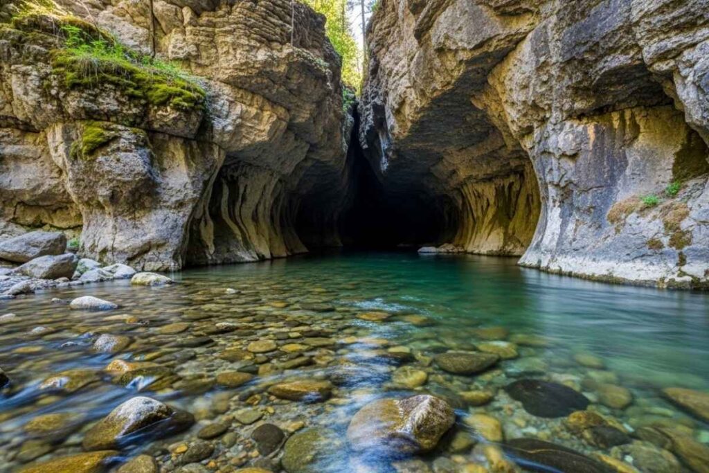 Popo Agie River disappearing into a cave at Sinks Canyon, a hidden gem in Wyoming