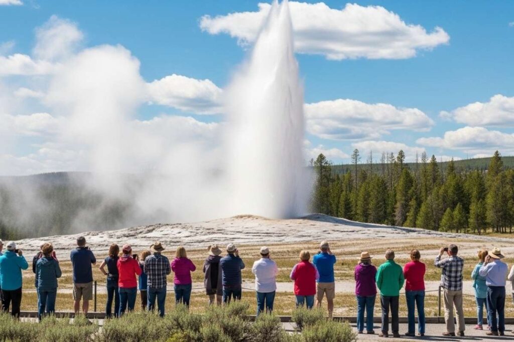 Old Faithful erupting with visitors watching in Yellowstone National Park