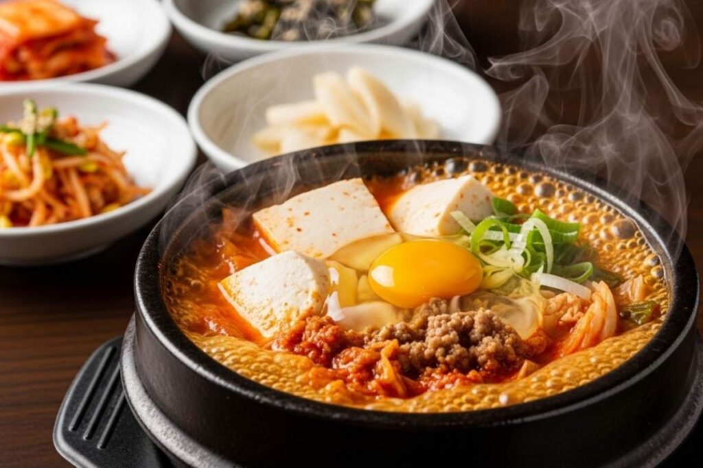 Boiling soft tofu stew with a raw egg on top at BCD Tofu House, a 24 hour spot among New York Koreatown restaurants