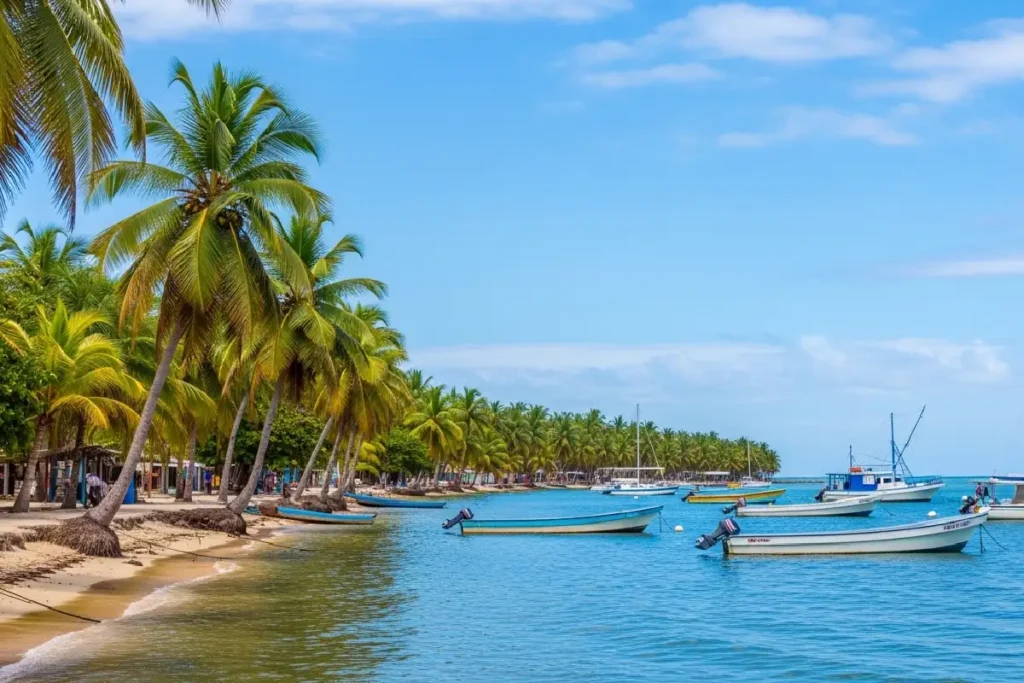 coastal view of belize city with palm trees and calm water
