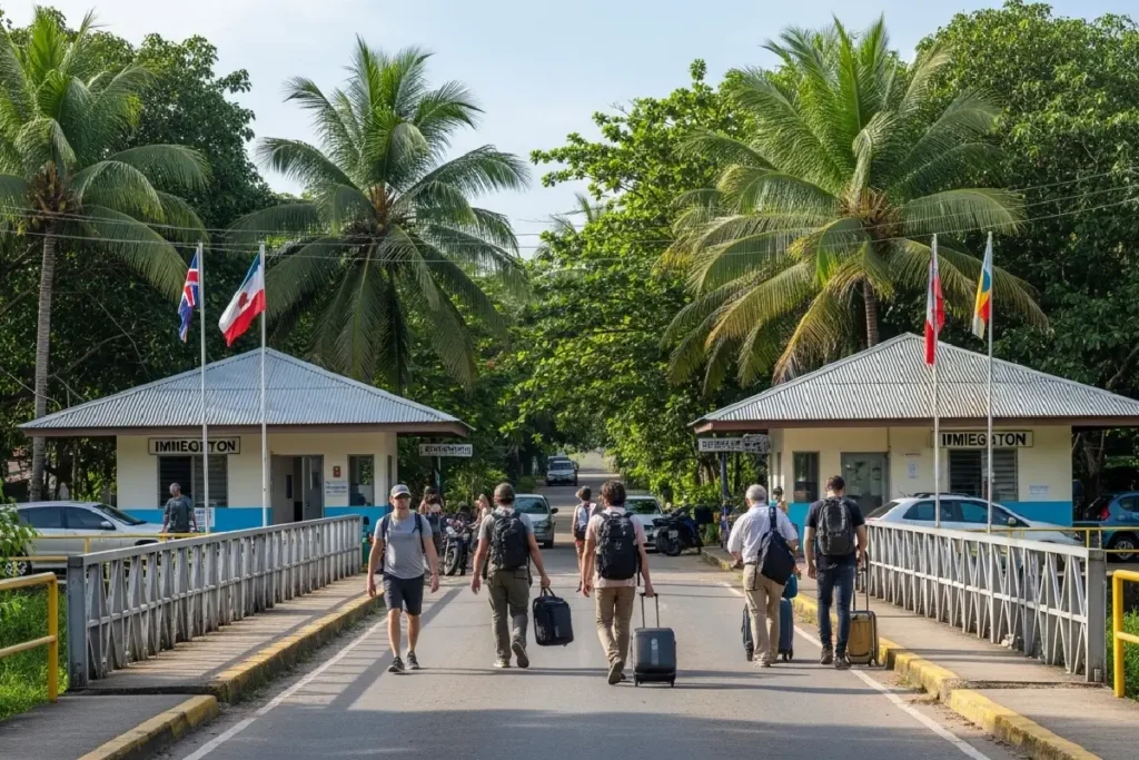 travelers walking across bridge between mexico and belize border checkpoint