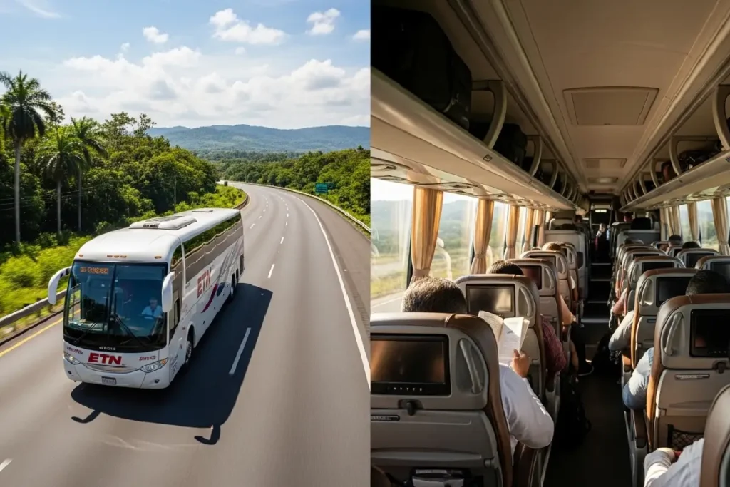 long distance bus traveling from chetumal to belize city on tropical highway
