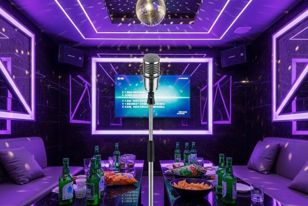 Private karaoke room with neon lights, microphone, and TV screen at Gagopa Karaoke, a popular New York ktown karaoke spot