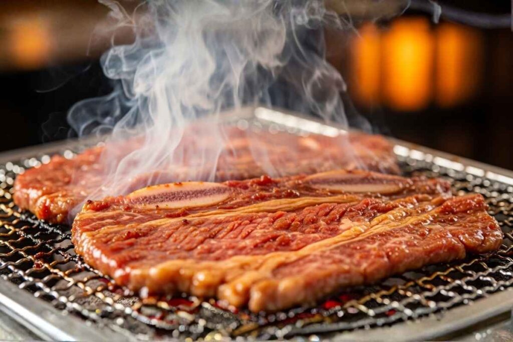 Raw beef galbi cooking on a charcoal grill at Jongro BBQ, one of the most popular New York Koreatown restaurants