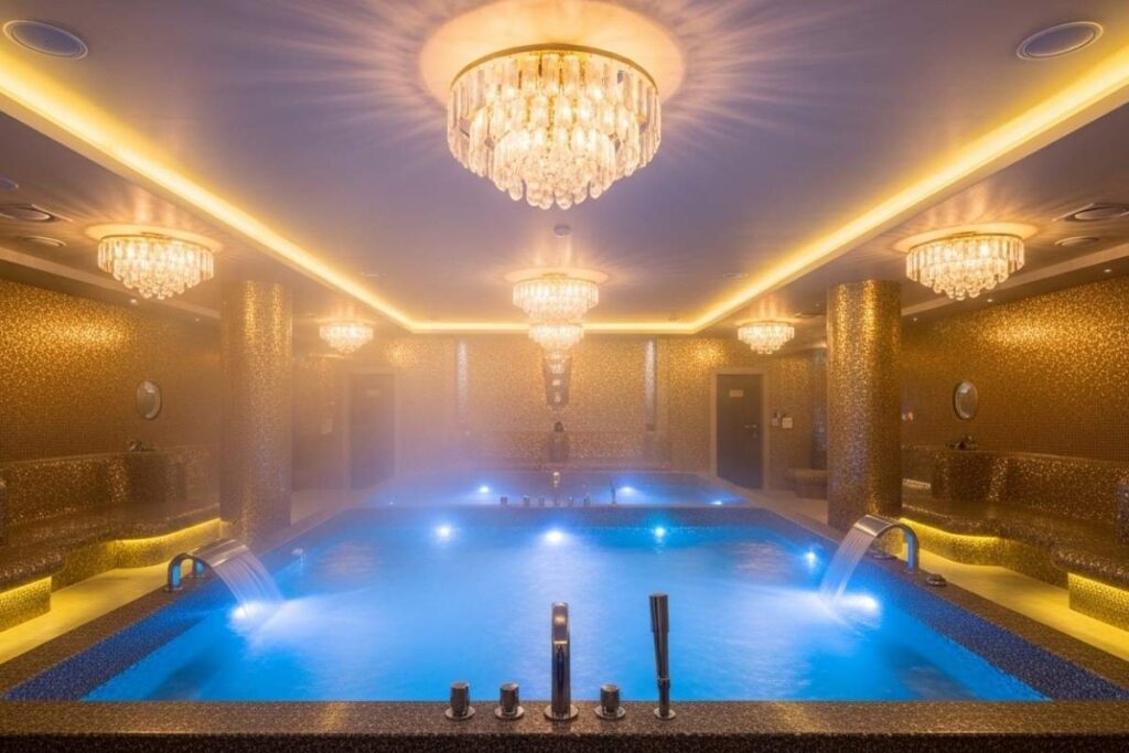 Gold tiled jacuzzi with blue water inside Juvenex Spa, the famous Koreatown spa New York City visitors love