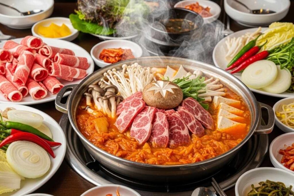 Bubbling kimchi broth with brisket and vegetables at Let's Meat, a Korean hot pot spot in New York Koreatown restaurants