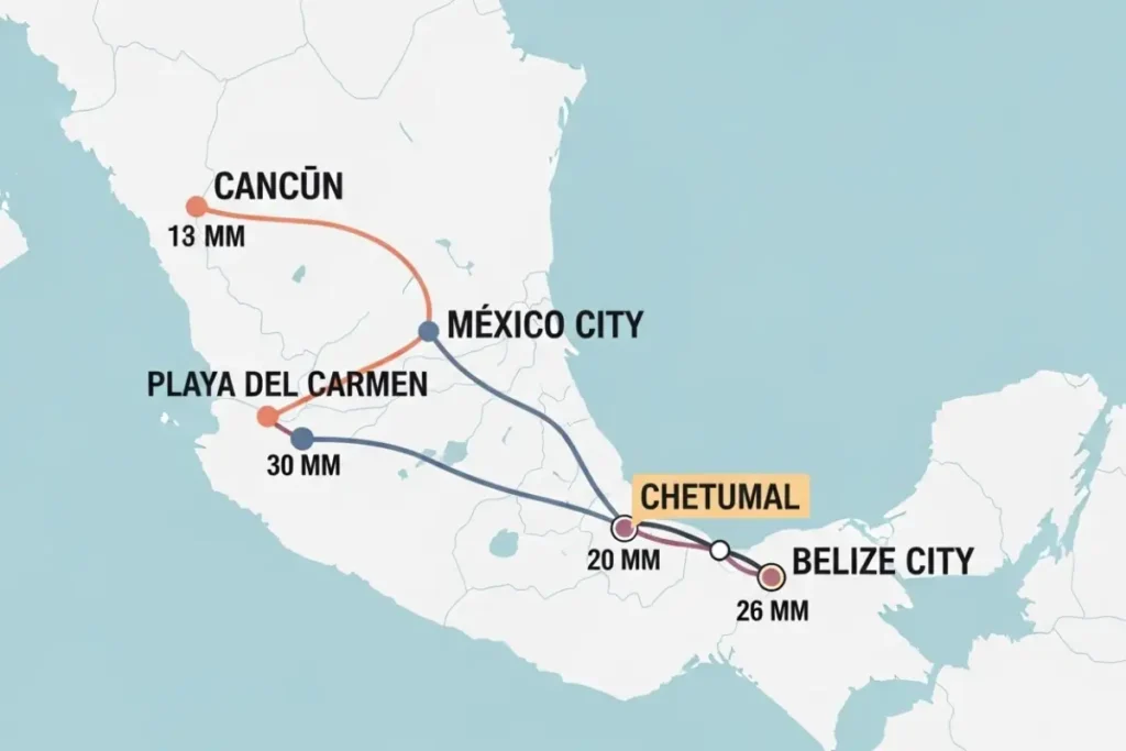 map showing travel route from mexico cities to belize via chetumal border crossing