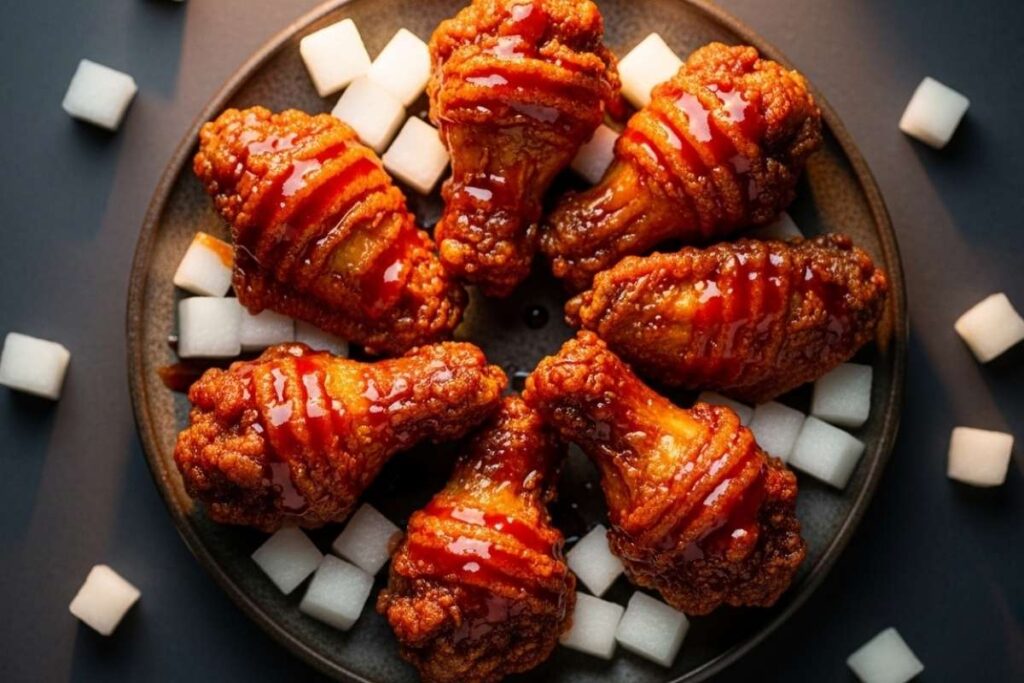 Crispy sweet and spicy Korean fried chicken with pickled radish at Pelicana Chicken in NYC Koreatown