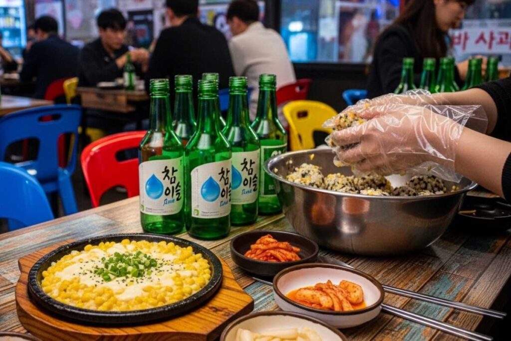 Corn cheese, soju bottles, and rice balls at Pocha 32, one of the most popular New York Koreatown bars