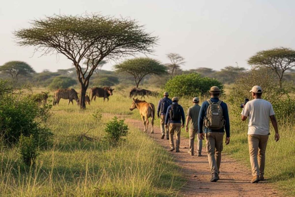 Walking safari in Africa with guide near wildlife