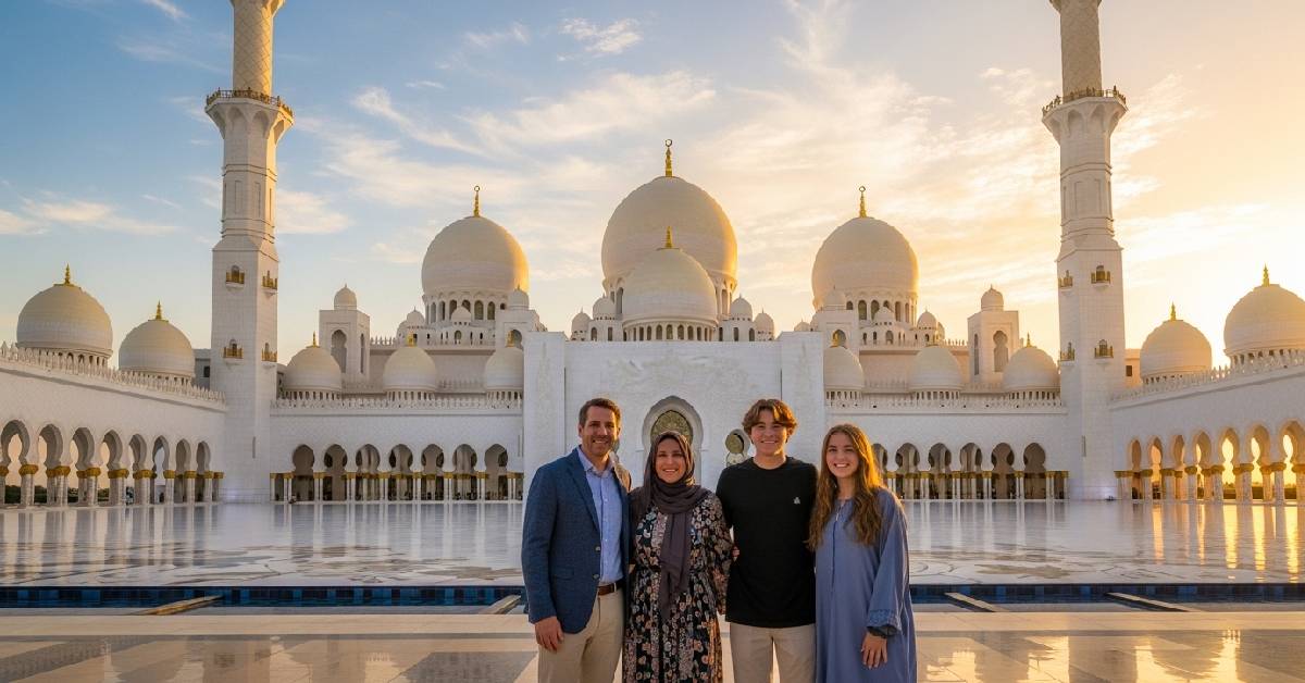 Best Abu Dhabi tour from Dubai - Family visiting Sheikh Zayed Grand Mosque in March 2026