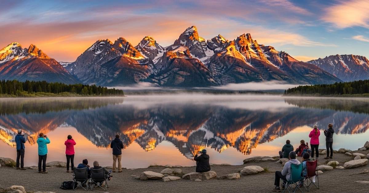 Sunrise over Grand Teton peaks from Schwabacher Landing, one of the best Wyoming vacation spots