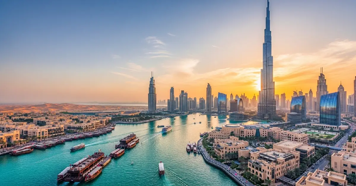 A panoramic view of the Dubai skyline featuring the Burj Khalifa and the desert dunes, representing what to see in Dubai in 4 days.