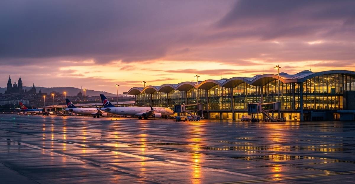 Santiago Compostela Airport closure 2026 showing runway renovation and Camino pilgrim heading to alternative transport in Galicia