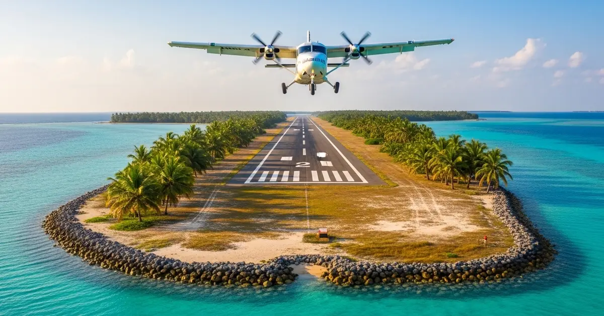 Small aircraft landing at Agatti Island Airport, the only airport gateway to Lakshadweep, surrounded by turquoise sea