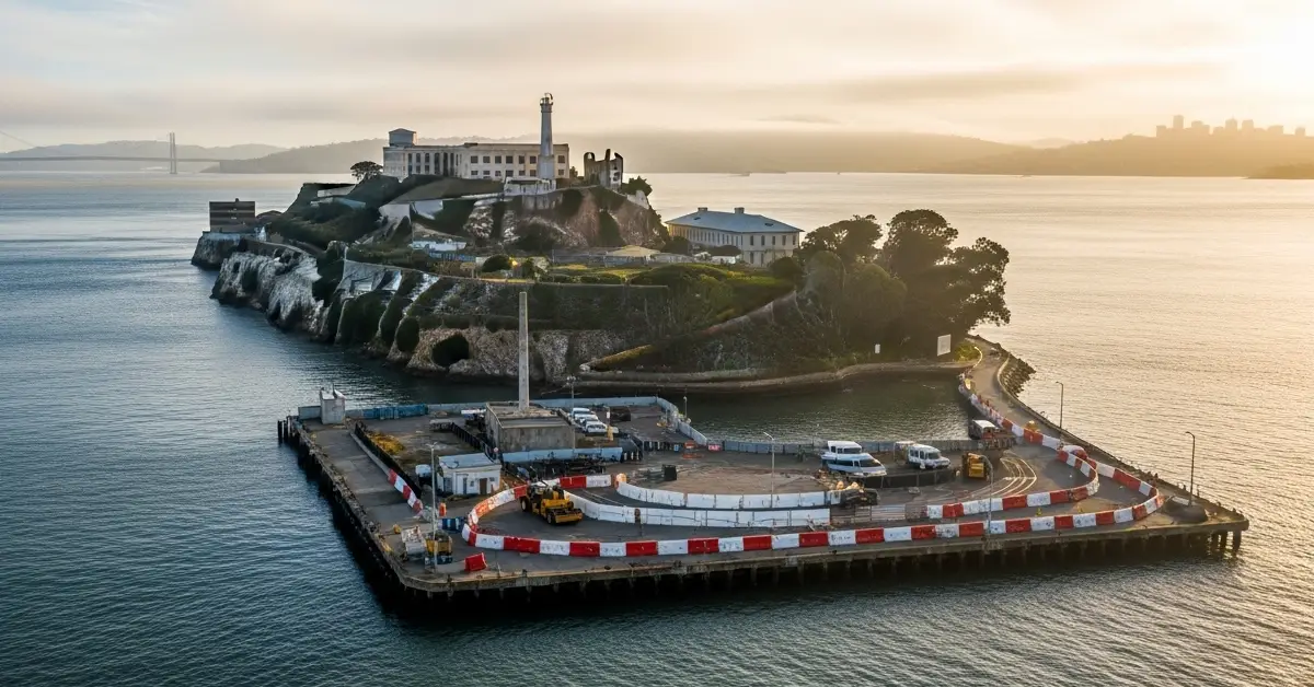 Alcatraz Island closed for dock repairs April 2026 with construction on the historic pier and San Francisco Bay in background