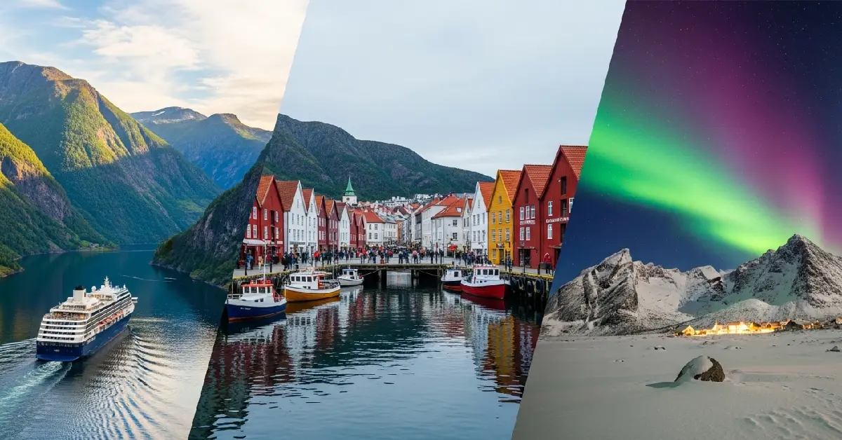 Collage of the best places to visit in norway featuring fjords Bergen wharf and Northern Lights