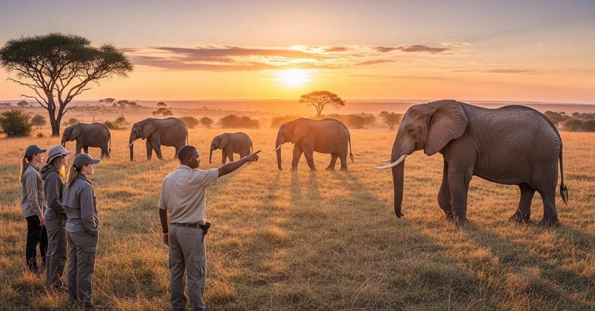 Best wild Africa trek walking safari with elephants in savannah