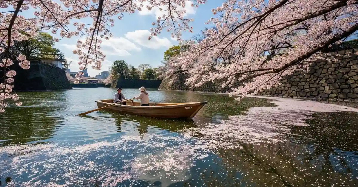 Boating under cherry blossoms on Tokyo moat during festival