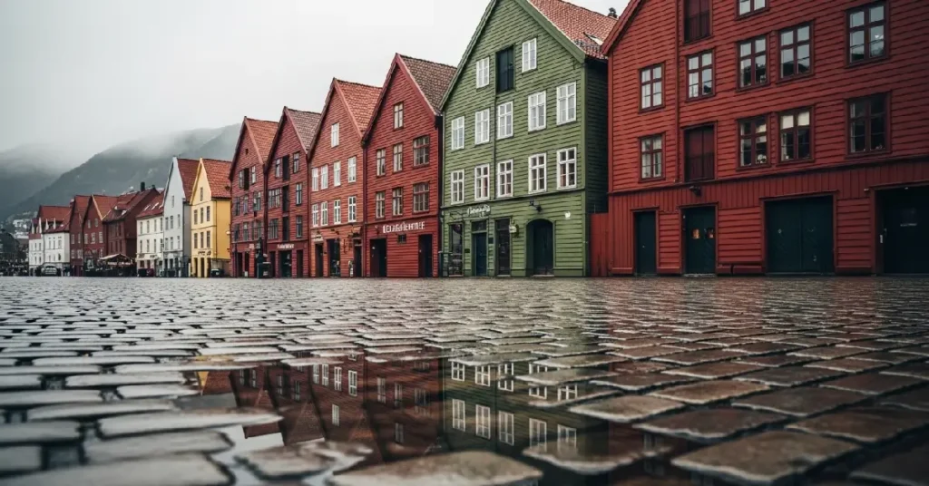 best places to visit in norway- Historic colorful wooden buildings of Bryggen Wharf in Bergen Norway under cloudy sky