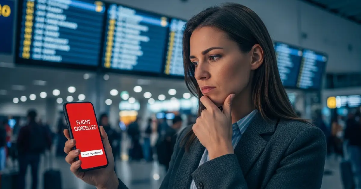 A traveler in an airport deciding whether to accept a replacement flight offer on their phone.