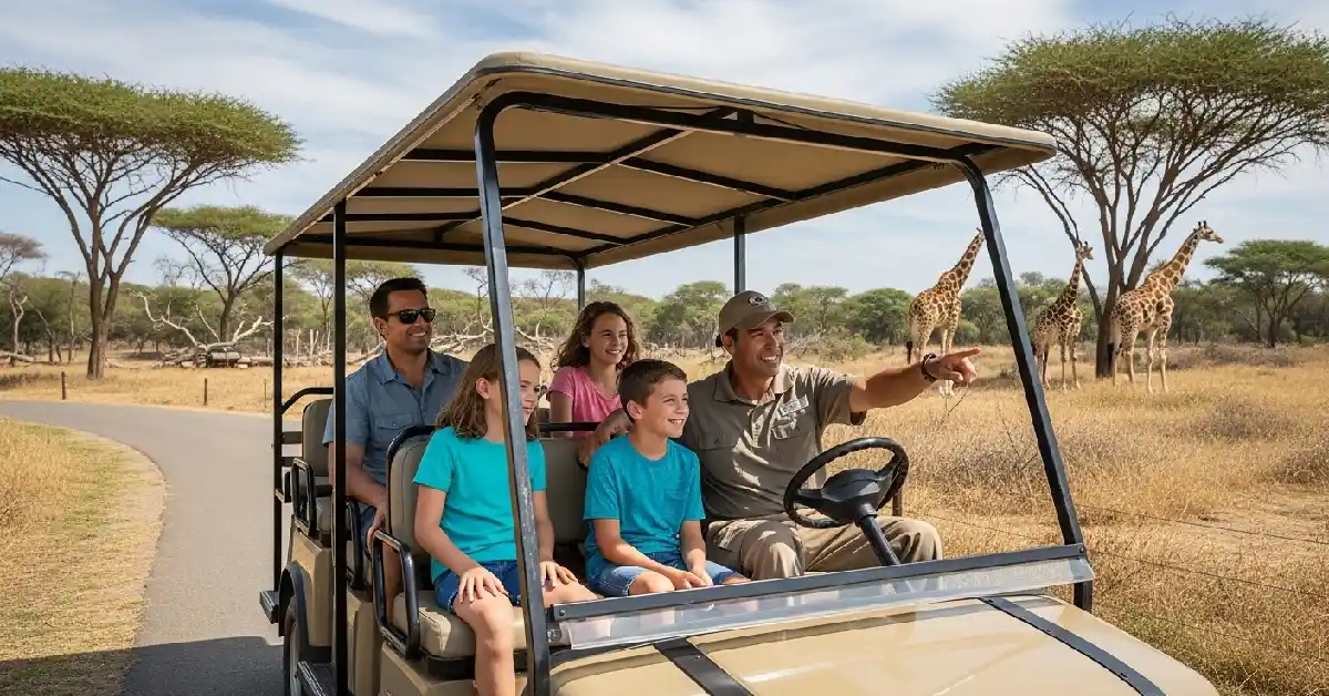 Family with kids enjoying a Cart Safari tour at San Diego Zoo Safari Park