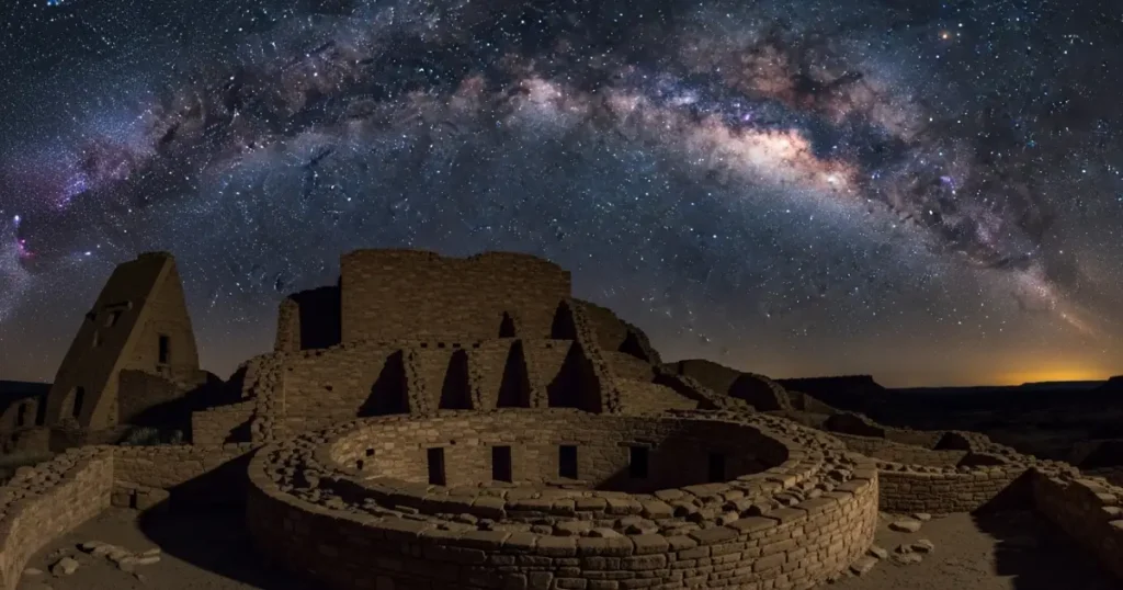 Chaco Canyon kiva with night sky and Milky Way visible above