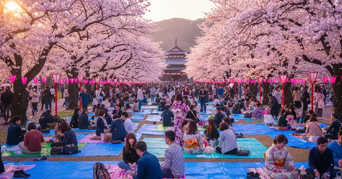 Cherry blossom festival Japan activities 2026 with hanami picnic under blooming sakura trees in Tokyo and Kyoto