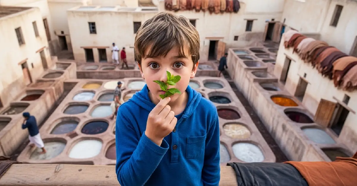 A young boy holds mint to his nose while looking in wonder at the ancient, colorful Chouara Tannery dye vats in Fes, Morocco.