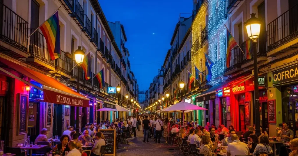 Chueca Madrid vibrant LGBTQ neighborhood with rainbow flags