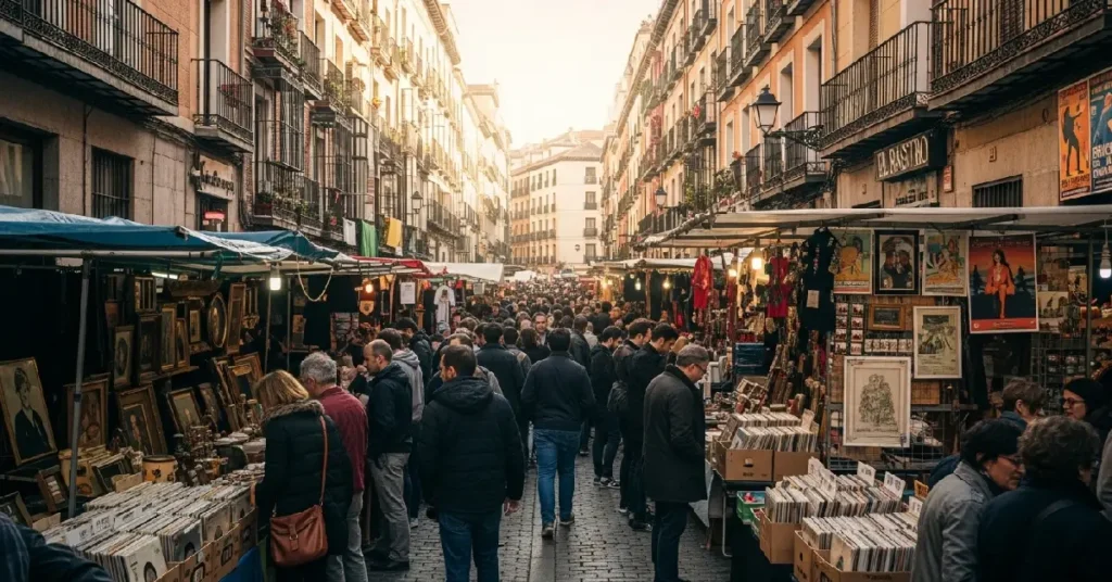 Crowded El Rastro Sunday flea market street in Madrid's Latina district with stalls selling antiques and clothes