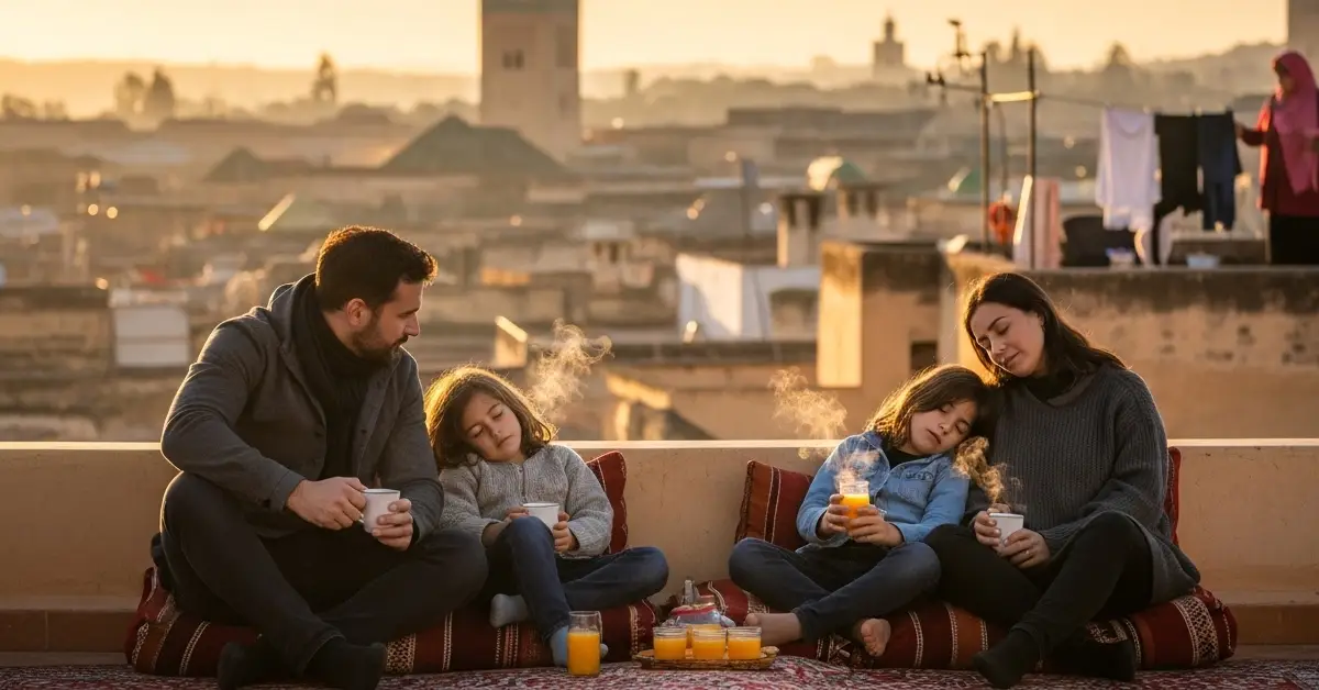 An American family enjoys a quiet sunrise moment on a riad rooftop overlooking the ancient medina of Fes, Morocco.