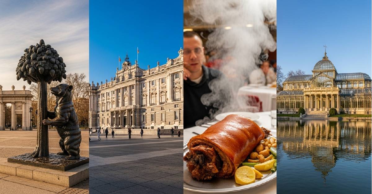 Collage showing four fun facts about Madrid Spain: Bear and Strawberry Tree statue, Royal Palace exterior, roast suckling pig from Botín restaurant, and glass palace at El Retiro Park