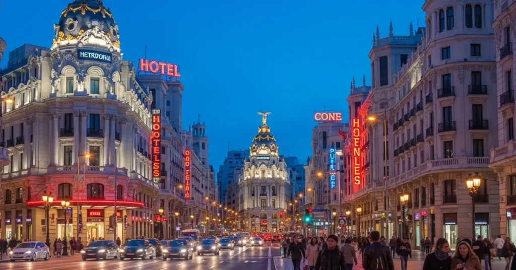Busy Gran Via avenue in Madrid with neon signs, historic buildings, and pedestrian crowds