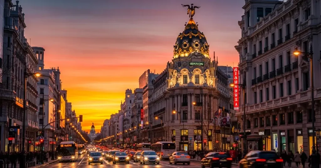 Gran Via Madrid sunset city lights view