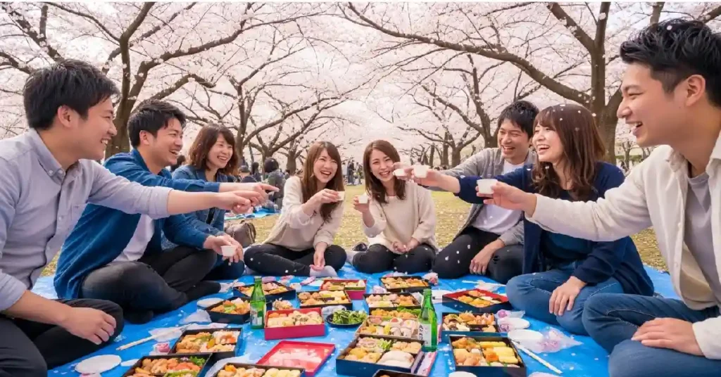Hanami picnic Japan under full bloom cherry blossoms with friends sharing food and drinks