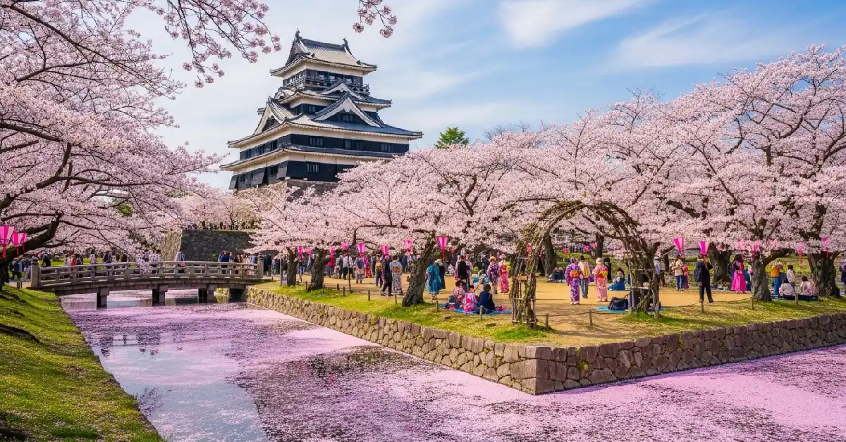 Hirosaki Cherry Blossom Festival with castle and sakura tunnel in full bloom