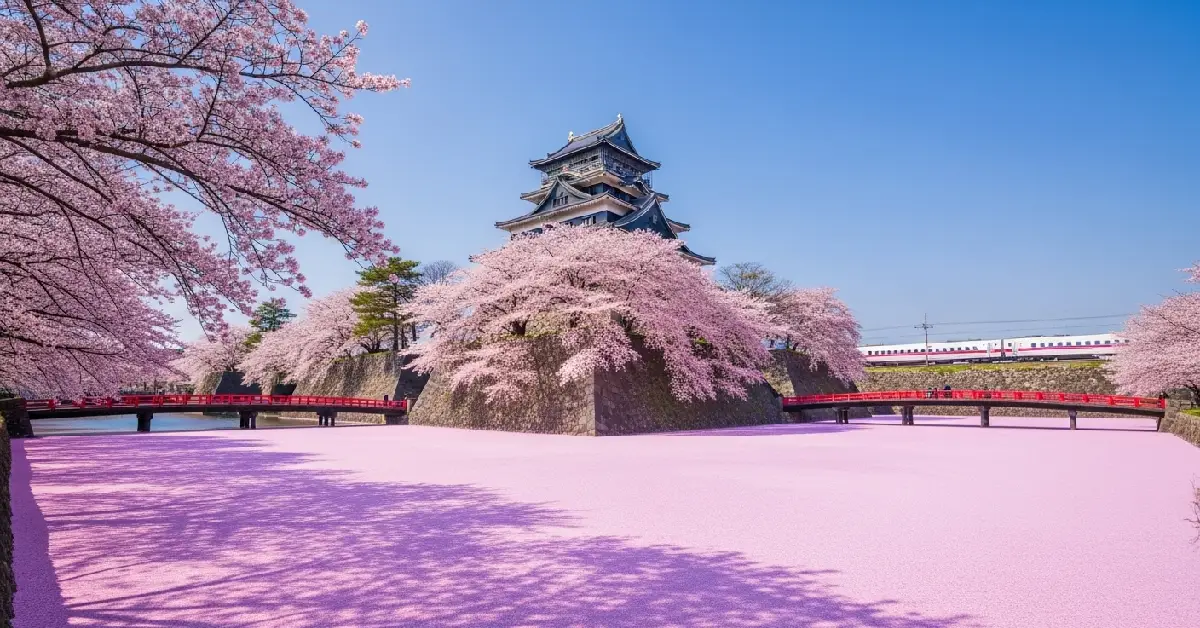 A stunning landscape photo of Hirosaki Castle during the peak cherry blossom (Sakura) season in Northern Japan. A sea of pink blossoms surrounds the castle tower, and the entire castle moat is completely covered in a dense, blanket of pink petals (Hana-Ikada), with a red bridge crossing it and a Tohoku Shinkansen train in the distance under a clear blue sky.