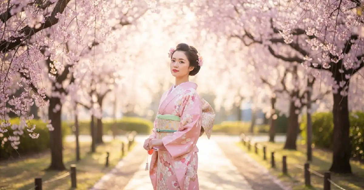Woman in traditional kimono during kimono rental cherry blossom experience in Kyoto
